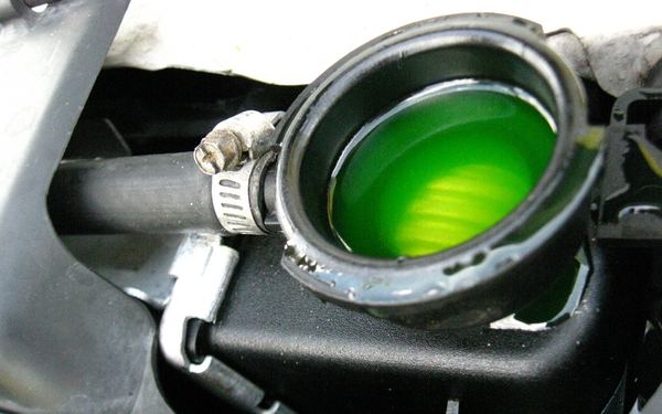 Líquido de arrefecimento verde no bocal do radiador